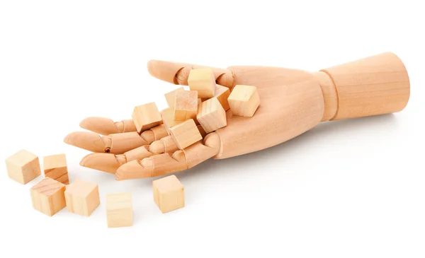 Mão Madeira Com Cubos Isolados Fundo Branco — Fotografia de Stock