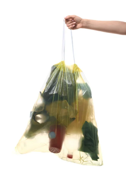 Weibliche Hand Hält Vollen Müllsack Isoliert Auf Weißem Hintergrund — Stockfoto