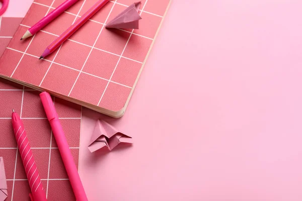 Composition Notebooks Stationery Supplies Paper Plane Pink Background — Stock Photo, Image