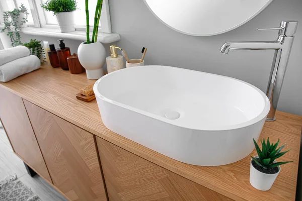 Sink Bath Accessories Vase Bamboo Stems Drawers Bathroom — Stock Photo, Image