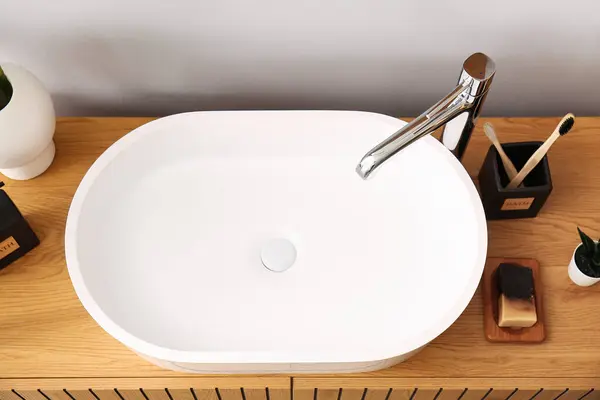 White Sink Bath Accessories Table Room Top View — Stock Photo, Image