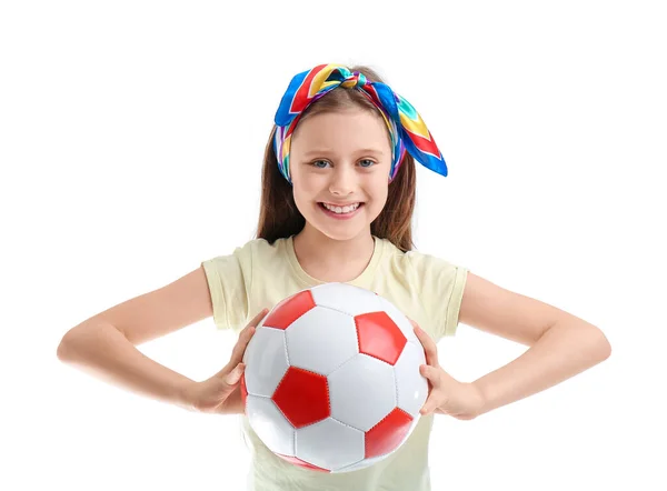 Petite Fille Avec Ballon Football Sur Fond Blanc — Photo