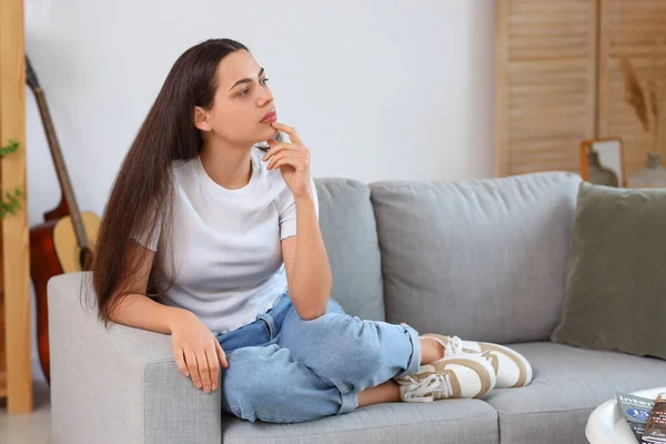 Thoughtful Young Woman Sofa Home — Stock Photo, Image