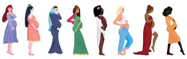 Група Вагітних Жінок Різних Національностей Білому Тлі — стоковий вектор