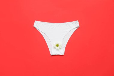 Kırmızı arka planda papatya çiçeği olan kadın külotu.