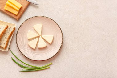 Lezzetli işlenmiş peynir ve açık arkaplanda ekmek parçaları olan bir tabak.