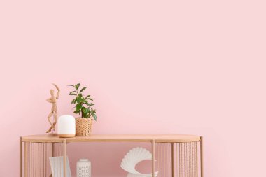 Odada pembe duvarın yanında çiçek ve dekor bulunan modern raf ünitesi.