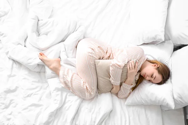 Young Woman Sleeping Bed Morning Top View — Stock Photo, Image