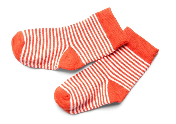 Ζεύγος Κόκκινες Παιδικές Κάλτσες Λευκό Φόντο — Φωτογραφία Αρχείου