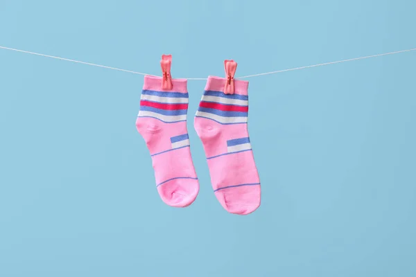 Pair Socks Hanging Rope Color Background — Stock Photo, Image
