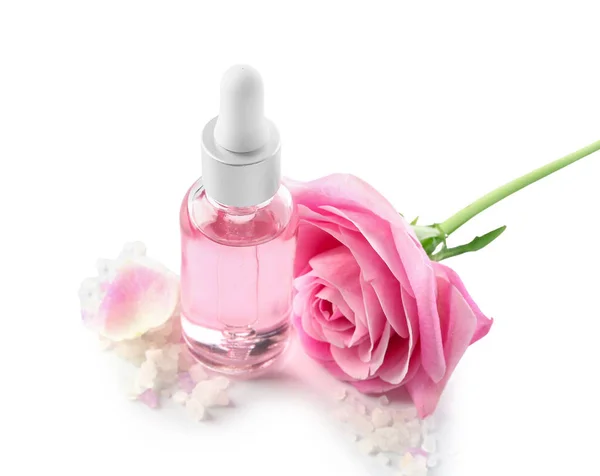 Пляшка Косметичної Олії Екстрактом Троянди Квіткою Білому Тлі — стокове фото