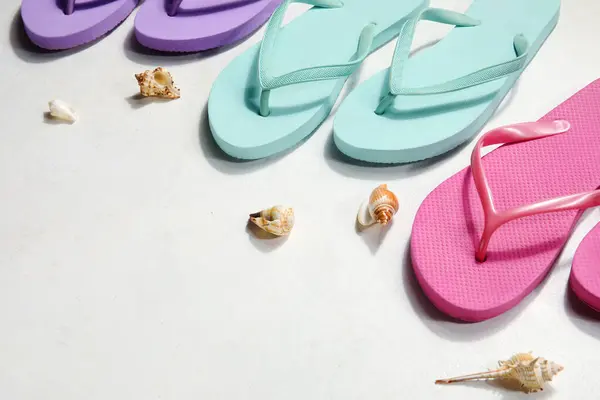 Colorful Flip Flops Seashells White Background — Stock Photo, Image