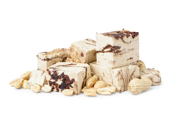 Pieces Tasty Marble Halva Peanuts White Background — Stock Photo, Image