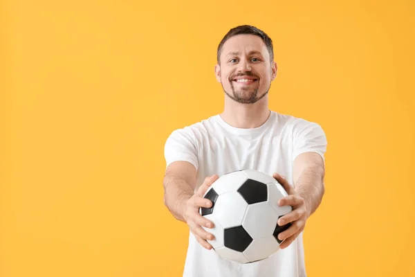 Happy Man Soccer Ball Yellow Background — Stock Photo, Image