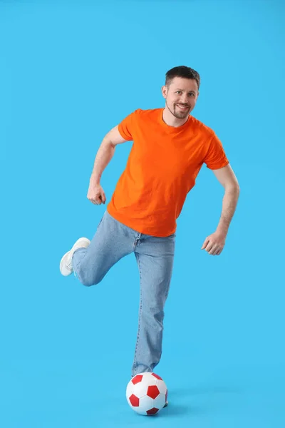 Man Playing Soccer Ball Blue Background — Stock Photo, Image