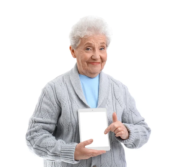 Senior Woman Tablet Computer White Background — Stock Photo, Image