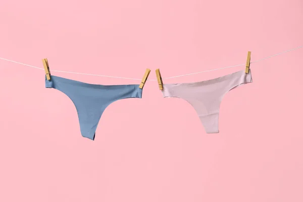 Female Panties Hanging Rope Pink Background — Stock Photo, Image