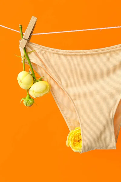 stock image Female panties with beautiful rose flowers hanging on rope against color background, closeup