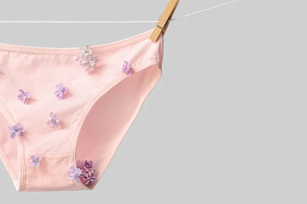 Stylish Female Panties Beautiful Lilac Flowers Hanging Rope White Background — Stock Photo, Image