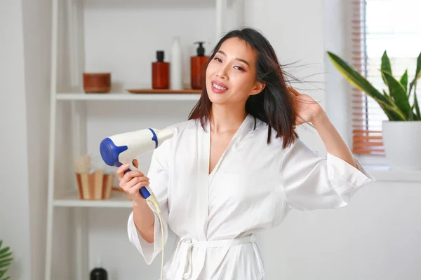 Pretty Young Asian Woman Drying Hair Bathroom — Stock Photo, Image