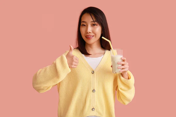 Beautiful Asian Woman Glass Milk Showing Thumb Pink Background — Stock Photo, Image