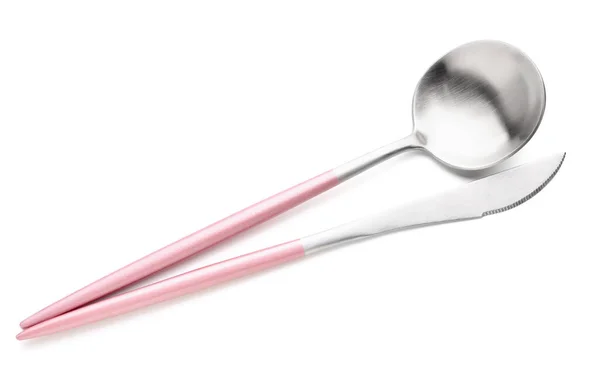 Stainless Steel Spoon Knife Pink Handles White Background — Stock Photo, Image