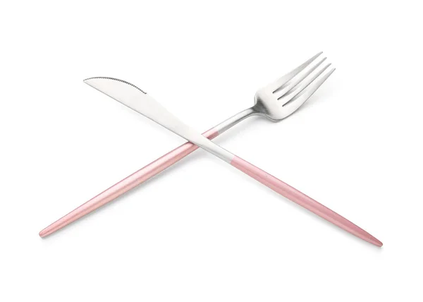 Tenedor Cuchillo Acero Inoxidable Con Asas Rosadas Sobre Fondo Blanco —  Fotos de Stock