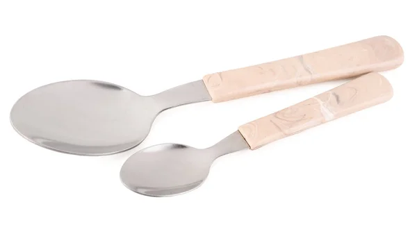 Stainless Steel Spoons Plastic Handles White Background — Stock Photo, Image