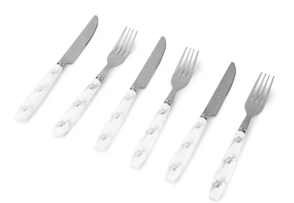 Stainless Steel Forks Knives Plastic Handles White Background — Stock Photo, Image