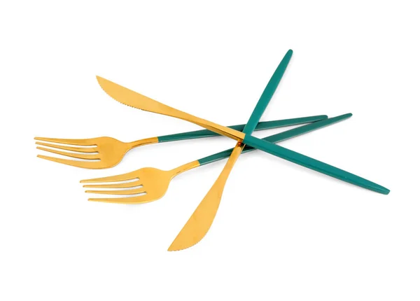 Beyaz Arka Planda Yeşil Saplı Altın Çatallar Bıçaklar — Stok fotoğraf