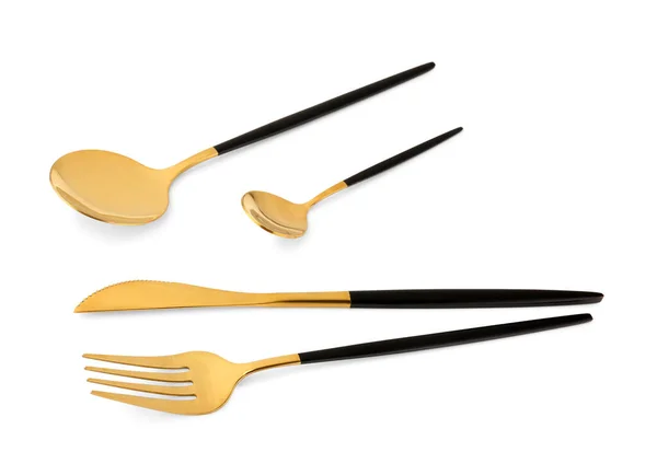 Golden Set Cutlery Black Handles White Background — Stock Photo, Image
