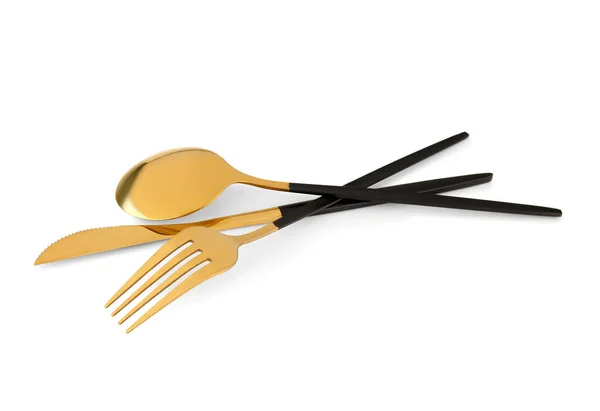 Golden Cutlery Black Handles White Background — Stock Photo, Image
