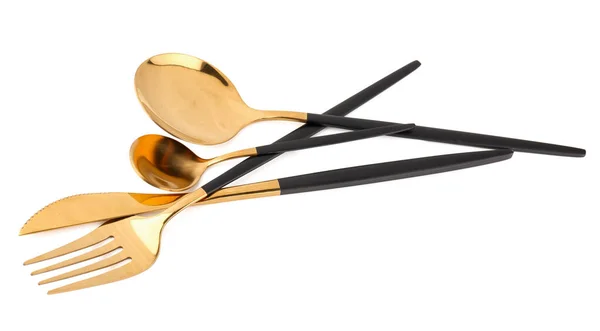 Golden Set Cutlery Black Handles White Background — Stock Photo, Image