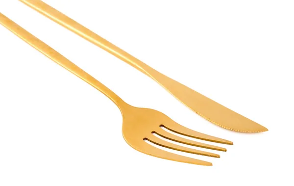 金黄叉子和刀在白色背景 — 图库照片