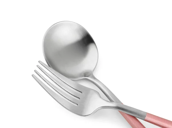 Stainless Steel Spoon Fork Pink Handles White Background — Stock Photo, Image