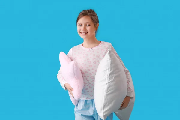 Little Girl Pillows Blue Background — Stock Photo, Image