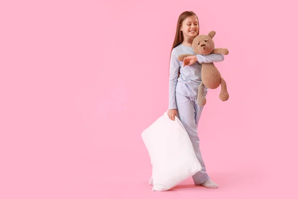 Little Girl Pillow Toy Pink Background — Stock Photo, Image