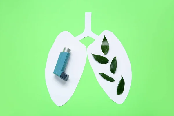 Papír Tüdő Levelekkel Asztma Inhalátor Zöld Alapon — Stock Fotó