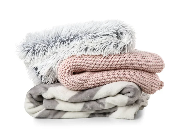 Different Soft Folded Blankets White Background — Stock Photo, Image