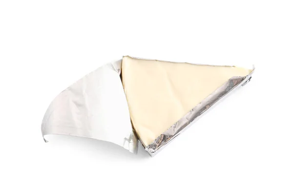 Driehoek Van Lekkere Verwerkte Kaas Witte Achtergrond — Stockfoto
