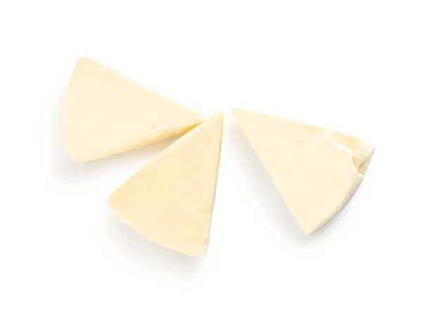 Triângulos Queijo Processado Saboroso Fundo Branco — Fotografia de Stock