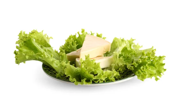 Plate Triangles Tasty Processed Cheese Lettuce White Background — Stock Photo, Image
