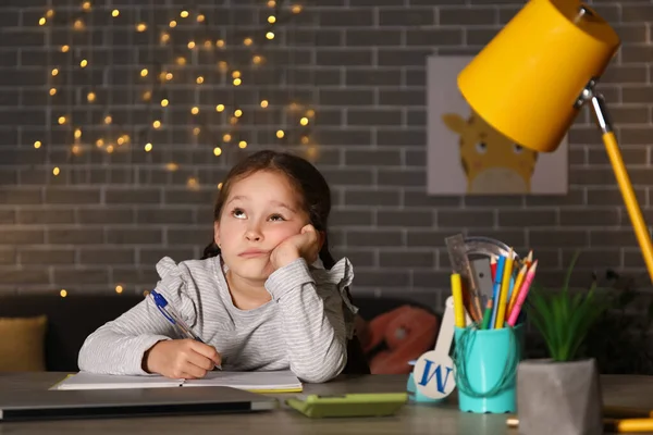 Tired Little Girl Doing Lessons Home Late Evening — Stock Photo, Image