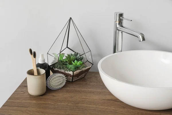 浴室里有水池碗 牙刷和花盆的桌子 — 图库照片