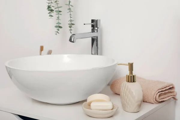 Sink Bowl Soap Dispenser Bars Chest Drawers Bathroom Closeup — Stock Photo, Image