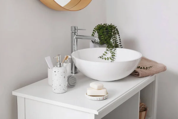 Sink Bowl Soap Bars Dispensers Bath Accessories Table Bathroom — Stock Photo, Image