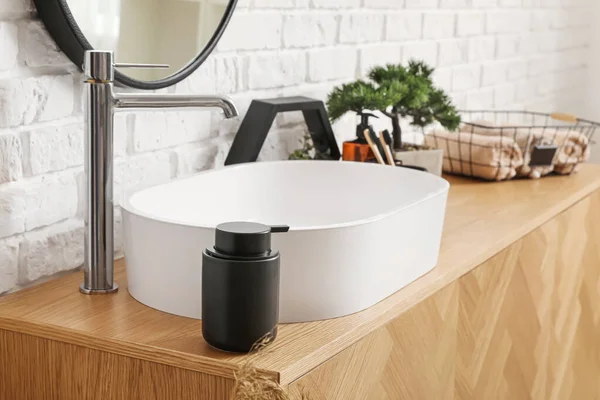 Soap Dispenser Sink Bowl Wooden Cabinet Bathroom — Stock Photo, Image