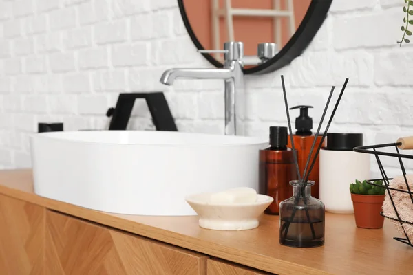 Sink Bowl Bath Accessories Wood Cabinet White Brick Wall — Stok Foto