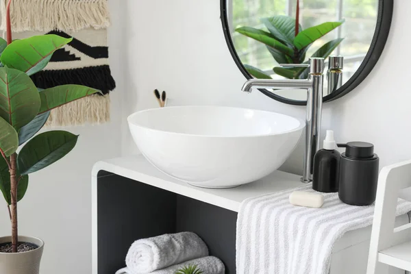 Sink Bowl Soap Bar Towel Bath Accessories Shelving Unit Bathroom — Stock Photo, Image