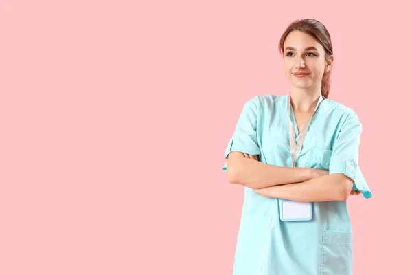 Female Medical Intern Pink Background — Stock fotografie